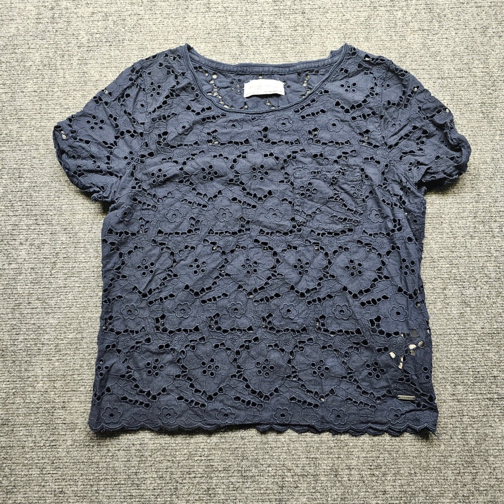 Abercrombie & Fitch Navy Blue Floral Eyelet Short Sleeve Top Scallop Hem Medium